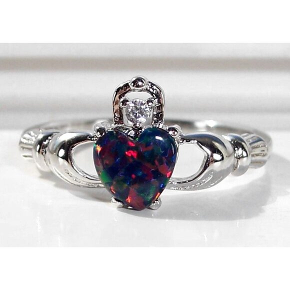 925 STERLING SILVER Dainty Lab Created Black Opal CZ Celtic Claddagh Ring - Picture 2 of 16